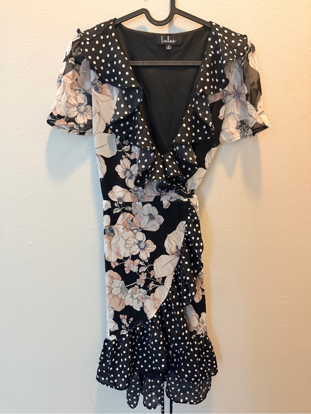 Lulus Black Floral & Polka Dot Ruffle Wrap Midi Dress